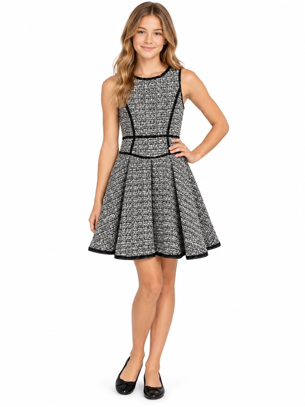 Milly Minis Girls Black White Sparkly Fit & Flare Boucle Tweed Dress Size 14 NWT